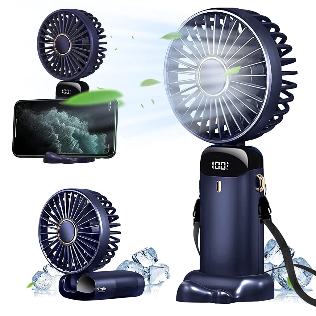 HASTHIP Hand Fan, Foldable 90° Mini Small Personal Fan, 3000mAh USB Rechargeable, 5 Adjustable Speeds Portable Hand Fan with Lanyard, Fragrance Sheet, Base and LED Battery Level Display (Blue) HASTHIP Hand Fan, Foldable 90° Mini Small Personal Fan, 3000mAh USB Rechargeable, 5 Adjustable Speeds Portable Hand Fan with Lanyard, Fragrance Sheet, Base and LED Battery Level Display (Blue)